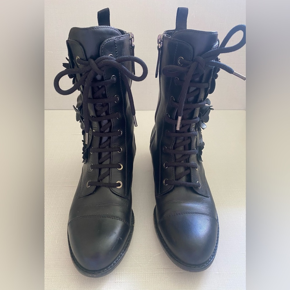 Valentino Black Leather Rose Combat Boots Size 36